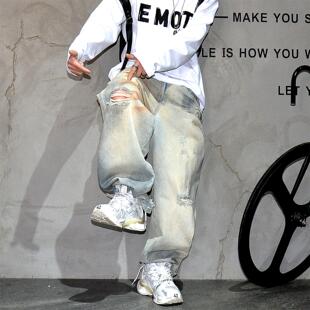 vibe废土脏染做旧宽松破洞乞丐牛仔裤男潮牌痞帅阔腿直筒大码长裤