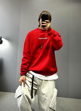 大红色圆领套头宽松长袖卫衣男 潮牌ins休闲字母印花叠穿打底外套