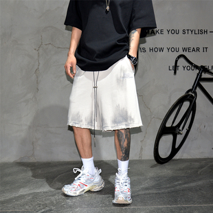 潮牌手工擦色脏脏破坏刺绣印花短裤男痞帅抽绳纯棉毛圈运动五分裤