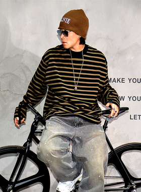 OOTD重磅纯棉撞色条纹长袖t恤男潮牌oversize溜肩扩版T宽松体恤衫