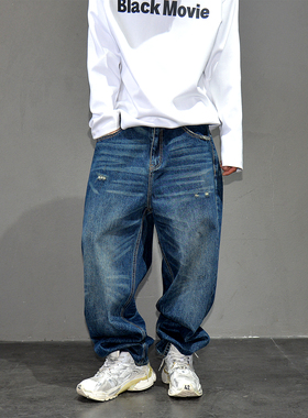蓝色简约做旧水洗宽松直筒牛仔裤男日系复古潮牌休闲百搭通勤长裤