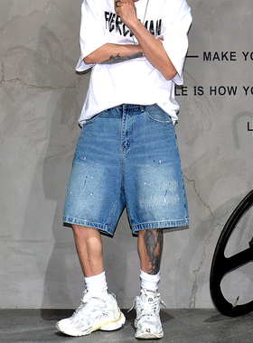 美式复古水洗做旧蓝色牛仔短裤男潮牌痞帅休闲五分裤通勤百搭中裤