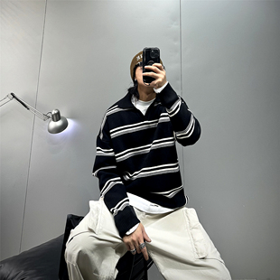 慵懒风套头翻领撞色条纹针织衫男韩版休闲宽松长袖打底衫潮牌毛衣