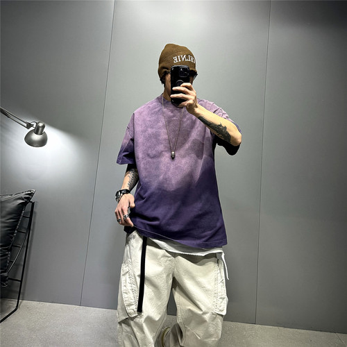 美式复古t渐变色水洗宽松短袖T恤