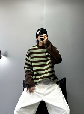 vintage美式潮牌重磅T条纹t恤男oversize廓形假两件宽松扩版长袖T