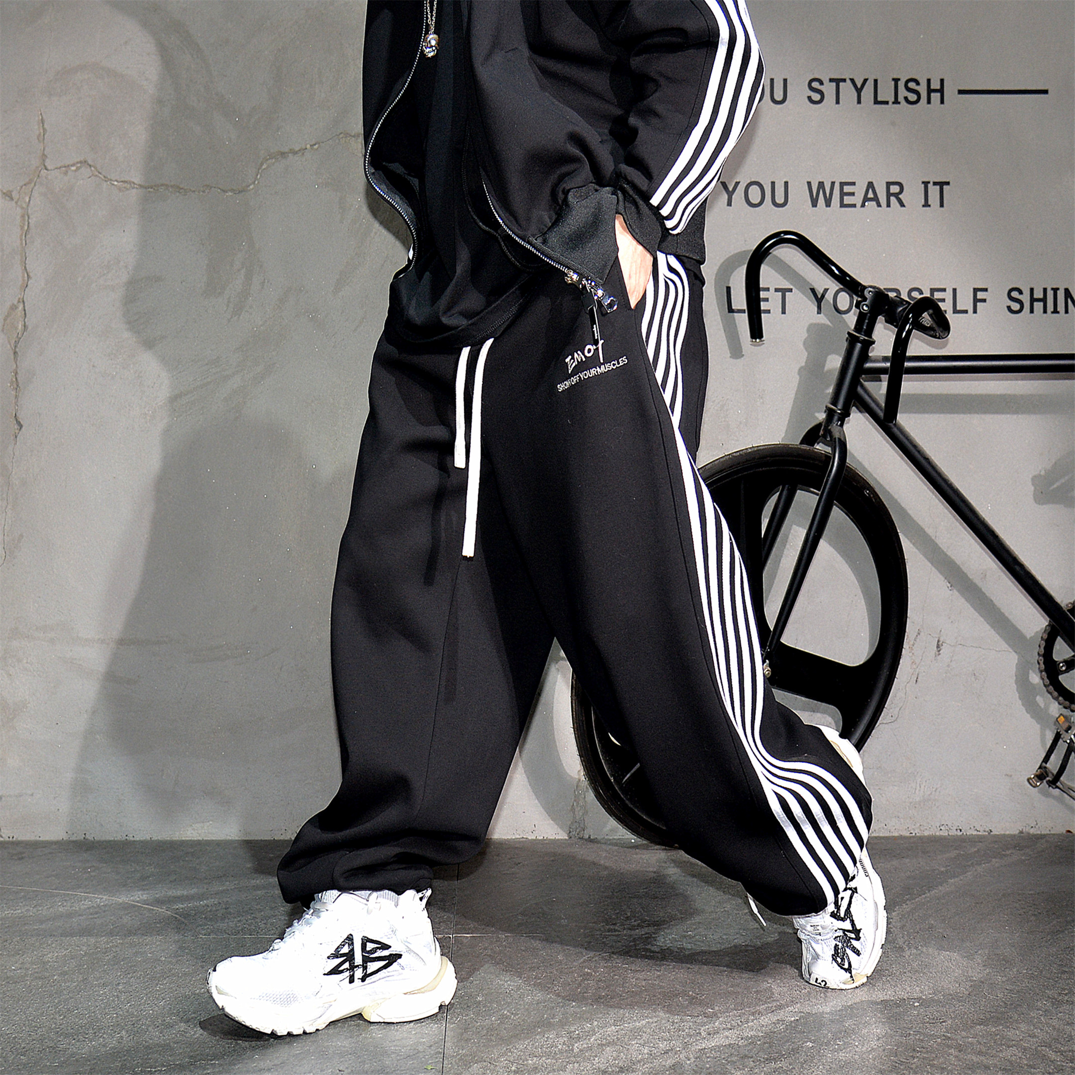 黑色拼接条纹宽松直筒针织运动卫裤男冬季加绒加厚可束脚阔腿长裤,男装,卫裤,淘宝优惠券,粉丝福利购,淘宝优惠卷