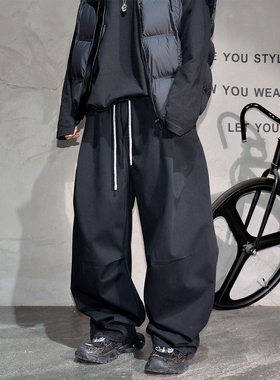 黑色加绒加厚阔腿弯刀裤男韩系抽绳百搭休闲裤潮牌慵懒风纯色长裤