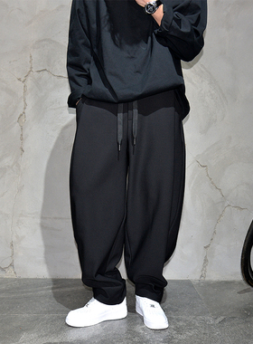 黑色垂坠感松紧腰阔腿直筒休闲西裤男青年痞帅潮牌纯色阔腿长裤子