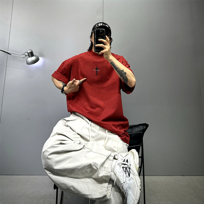 原创350g重磅纯棉落肩T恤男