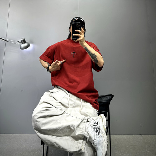 原创350g重磅纯棉落肩T恤男