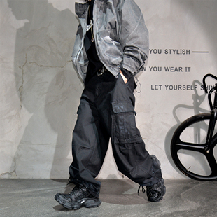 男潮牌日系复古机能风痞帅宽松直筒长裤 黑色大口袋阔腿工装 休闲裤