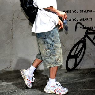 中裤 日系复古多口袋工装 做旧水洗大码 男宽松直筒五分裤 潮 牛仔短裤