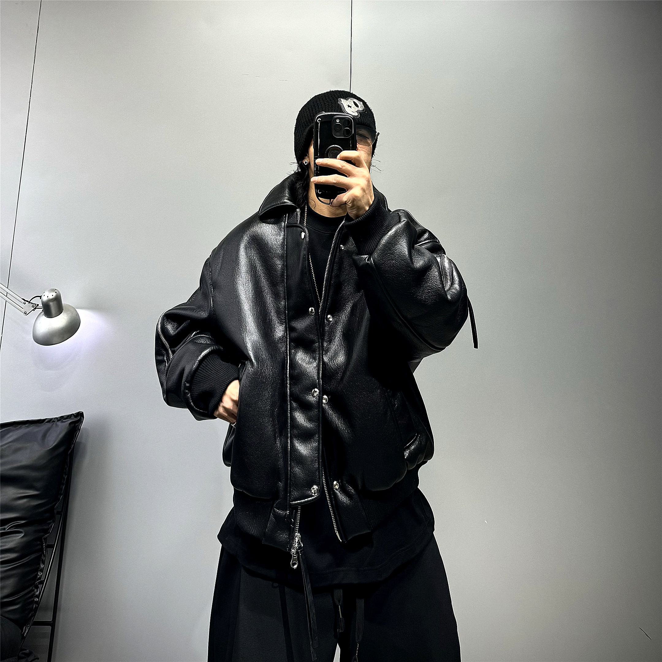 黑色90白鹅绒高端皮衣羽绒服男潮牌廓形短款机车皮夹克痞帅外套厚