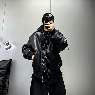 黑色90白鹅绒高端皮衣羽绒服男潮牌廓形短款机车皮夹克痞帅外套厚