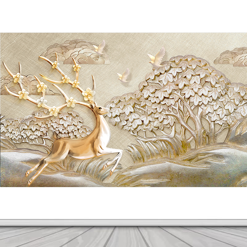 北欧现代麋鹿自粘油画布壁画山水风景画客厅装饰画沙发背景墙贴画图片