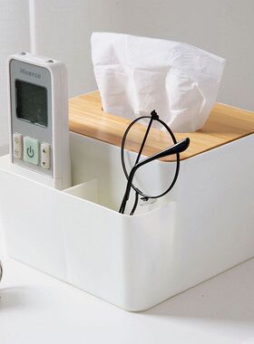 Z3075 日式高档纸巾盒 家用创意客厅车用竹木盖子塑料收纳盒