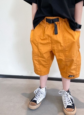 日系男童潮牌短裤腰扣棉布五分裤夏季中大儿童薄款七分裤休闲裤子