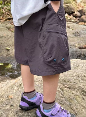 日系潮新款男女童工装短裤登山裤中大童夏薄款休闲拉链口袋五分裤