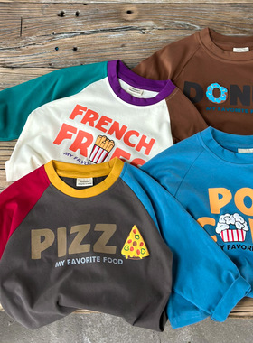 日系儿童披萨薯条长袖男童T恤韩版春秋宝宝卡通拼色字母宽松上衣