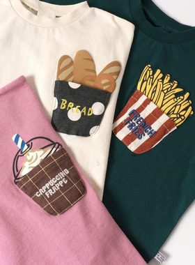 儿童薯条奶茶纯棉T恤日系潮牌夏季炸街男女宝立体口袋中小童短袖