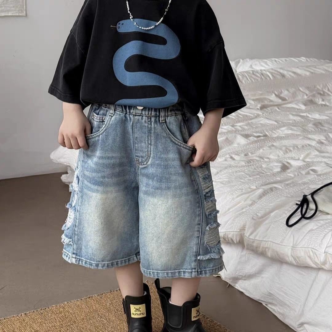 韩版儿童复古破洞牛仔短裤五分裤男女童夏季薄款宽松做旧磨破中裤