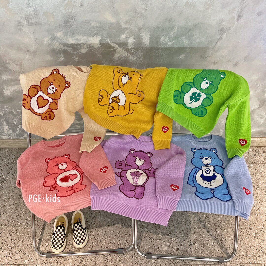 2023冬季新款儿童爱心小熊针织双层芝麻地提花男女孩卡通套头毛衣