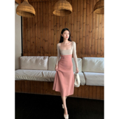 优雅粉色吊带连衣裙女秋冬长袖 GEMQI 法式 裹胸a字针织长裙两件套