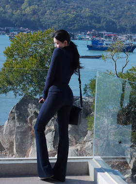 GEMQI 高领修身长袖高弹拉链开衫上衣喇叭长裤女春运动休闲套装