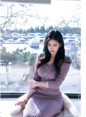 GEMQI 羊毛V领针织紫色修身长袖连衣裙春秋冬鱼尾包臀裙长款收腰