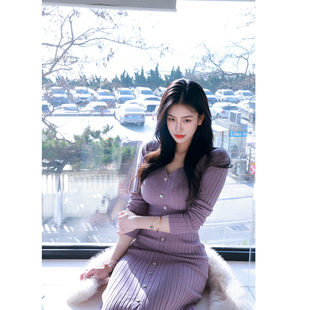 GEMQI 羊毛V领针织紫色修身长袖连衣裙春秋冬鱼尾包臀裙长款收腰