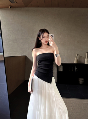 GEMQI 黑色抹胸吊带背心女夏外穿内搭不规则露锁骨短款无袖小上衣