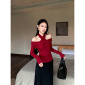 设计感交叉挂脖针织衫 女春秋季 一字肩修身 GEMQI 显瘦酒红色打底衫