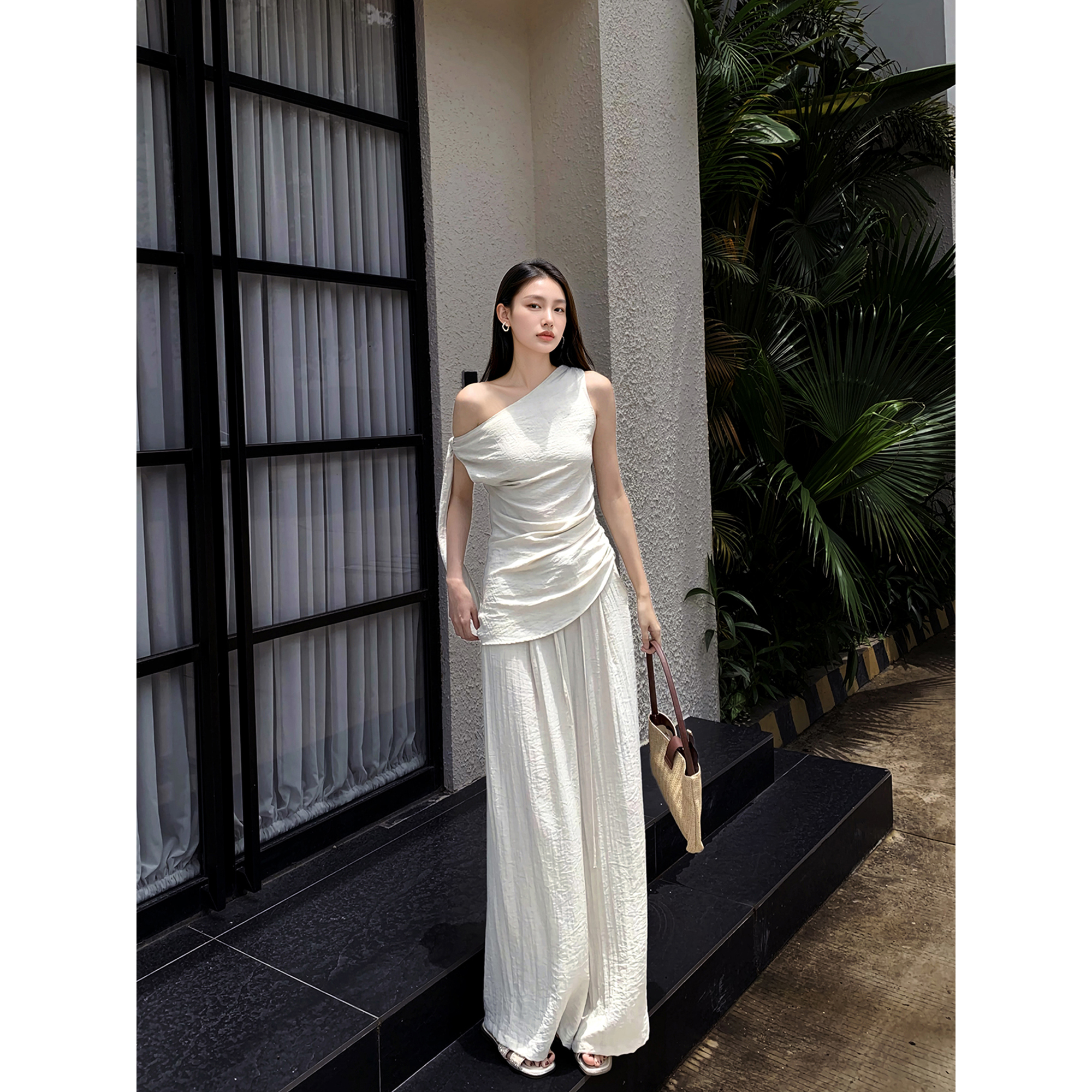 GEMQI 今年流行女装的夏日一整套装女新款爆款不规则棉麻两件套装