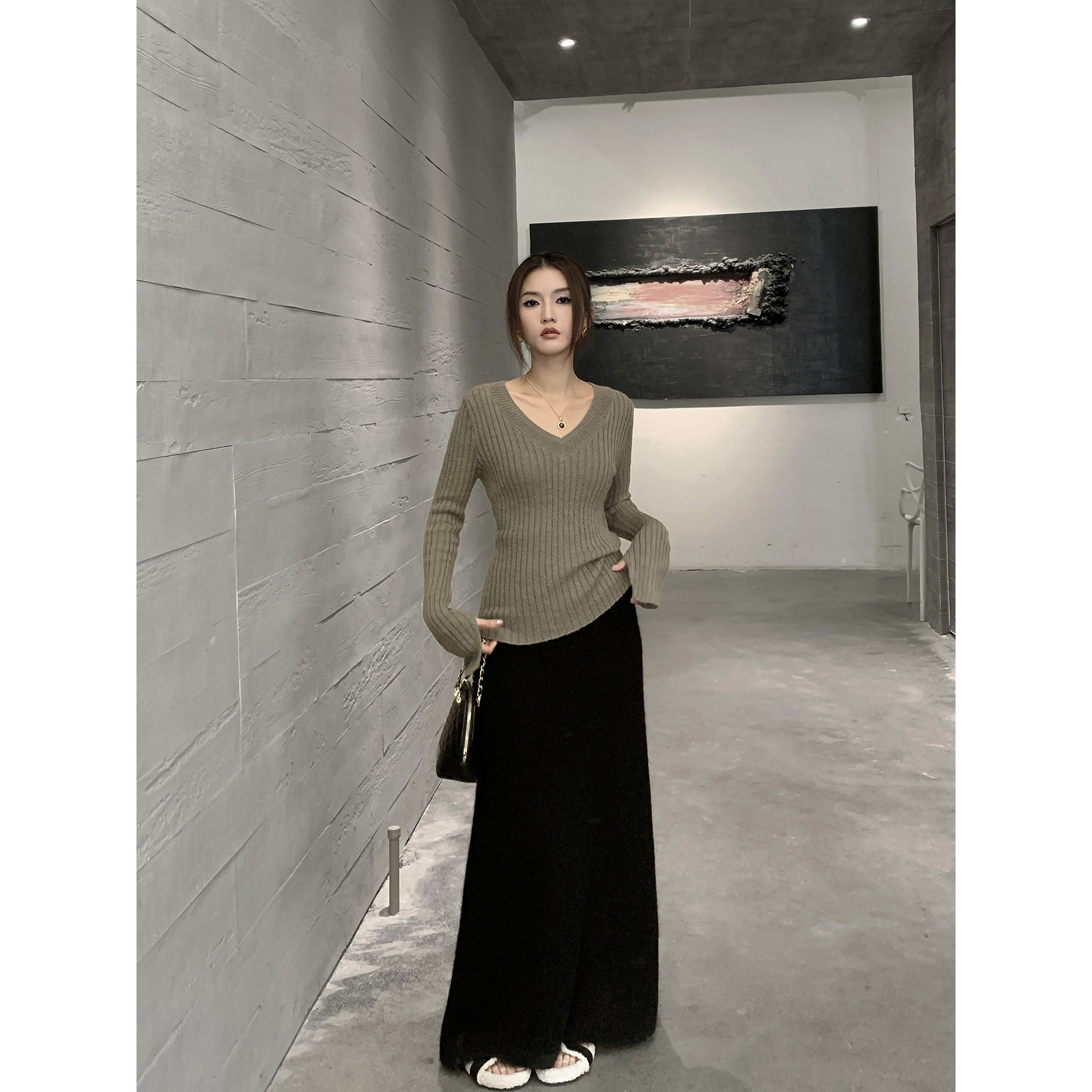 GEMQI 含羊毛高级感黑色针织半身裙女秋季高腰修身包臀鱼尾长裙子,女装/女士精品,半身裙,淘宝优惠券,粉丝福利购,淘宝优惠卷