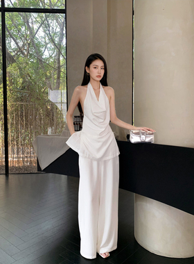 GEMQI 天丝挂脖吊带阔腿裤夏日ootd穿搭套装女2025超火夏装一整套