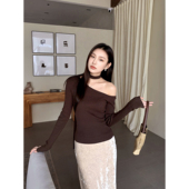 女韩系早秋穿搭飘带设计打底衫 GEMQIV 美拉德纯欲露肩针织衫 毛衣