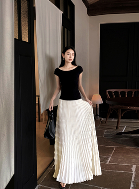 GEMQI 白色雪纺波浪条纹半身裙子女夏季新款设计感小个子百褶长裙