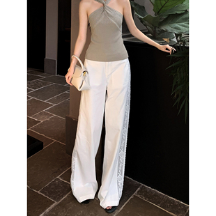 GEMQI 白色棉麻镂空蕾丝休闲裤子女夏季2025新款宽松阔腿显瘦长裤