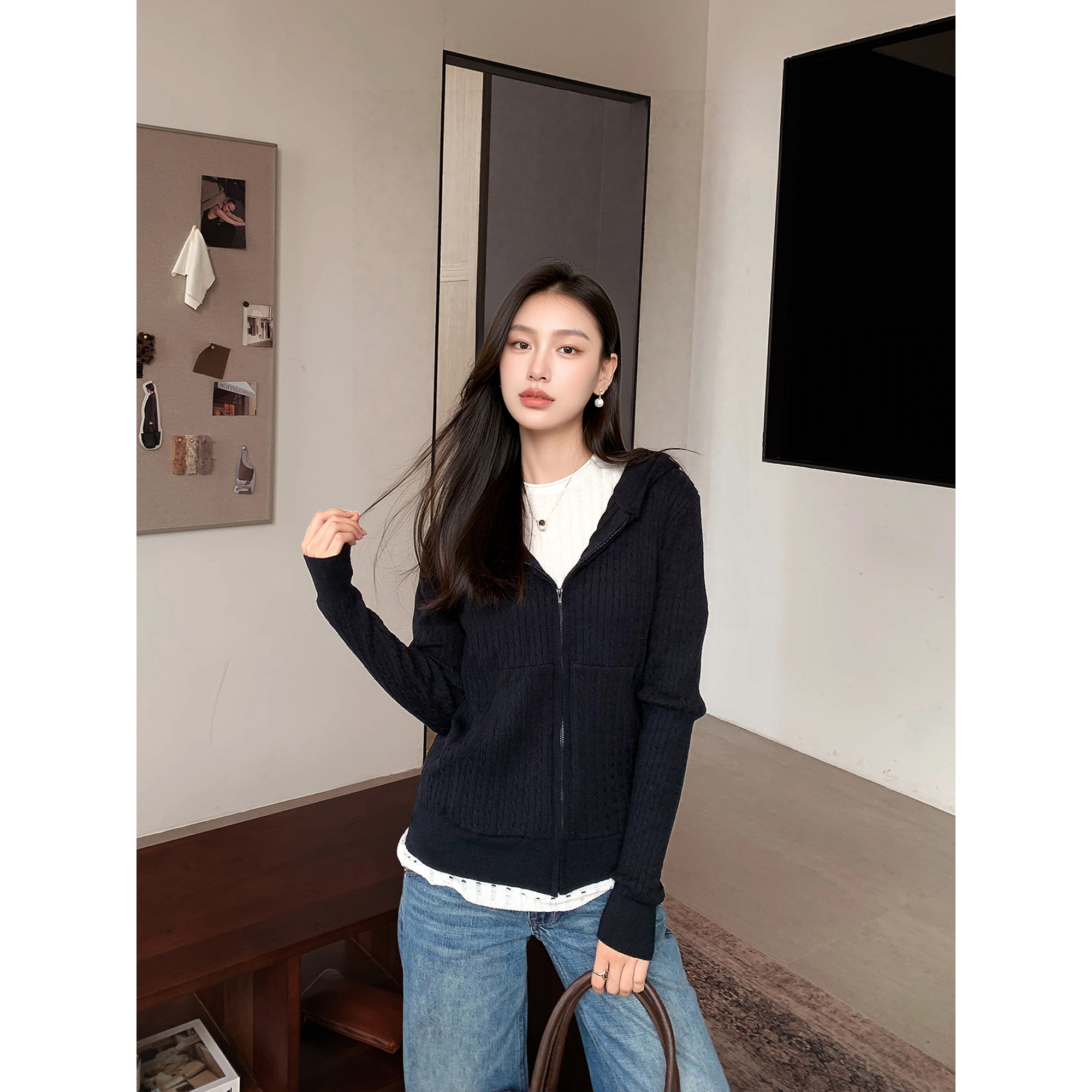 GEMQI 设计感绞花黑色针织开衫女秋季慵懒风穿搭老钱连帽毛衣外套