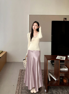 GEMQI 紫色蕾丝半身裙女2025新款秋季设计感缎面法式包臀鱼尾长裙