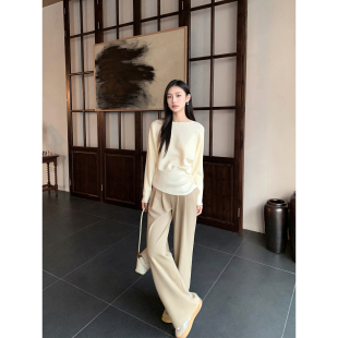 卡其色垂感针织卫裤 子运动长裤 阔腿裤 宽松直筒休闲裤 女秋季 GEMQI