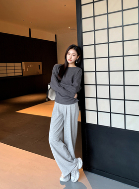 GEMQI 松弛风灰色垂感阔腿运动裤女春秋季新款宽松直筒休闲卫裤子