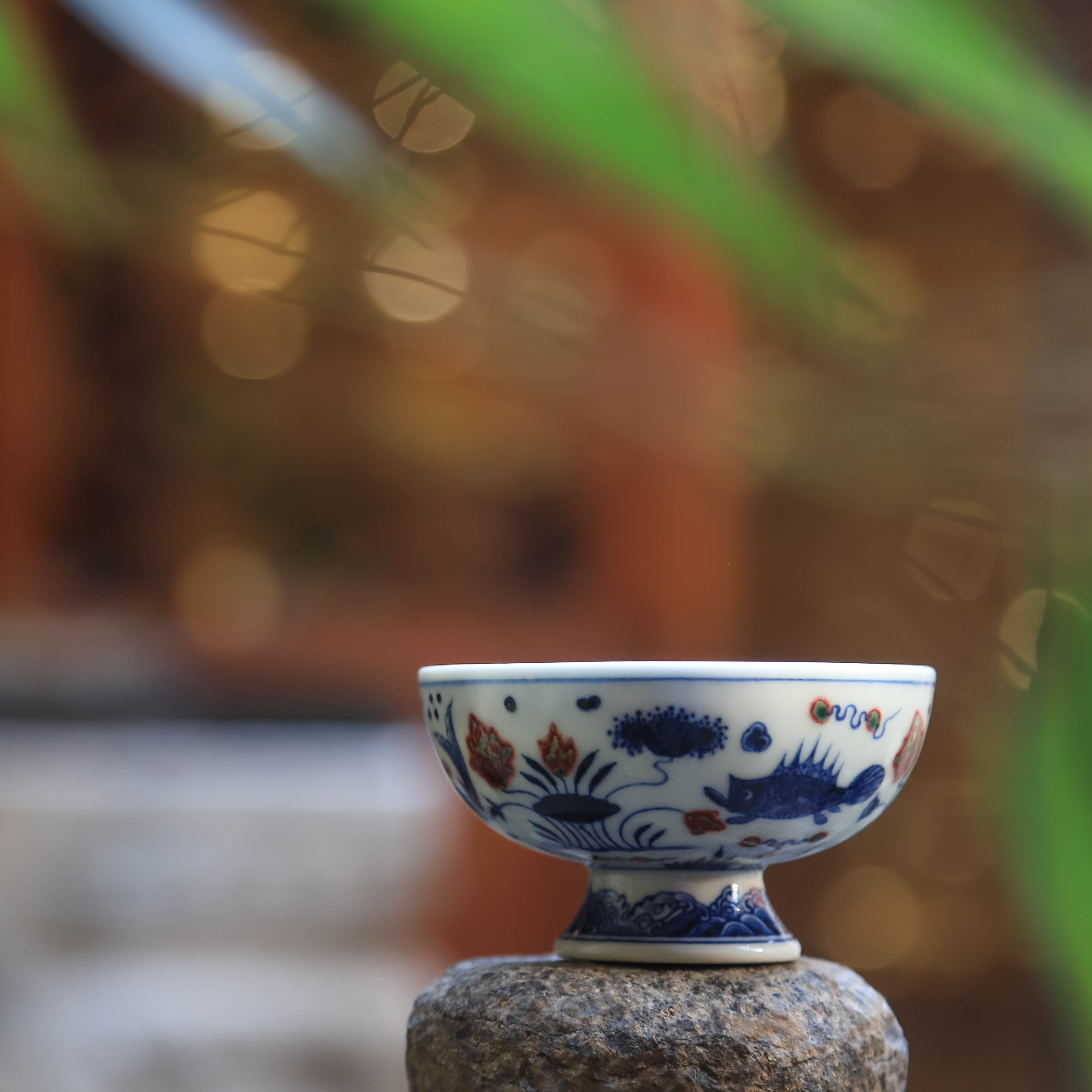 和然窑 青花釉里红鱼藻纹高足杯 辛丑年主人杯