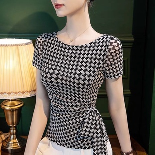 气质洋气千鸟格亮丝绑带T恤女圆领短袖上衣春夏修身弹力大码胖MM
