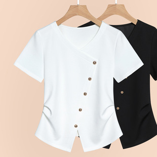 小香风白色掐腰上衣2026夏季新款女装设计感小众品质v领短袖T恤女