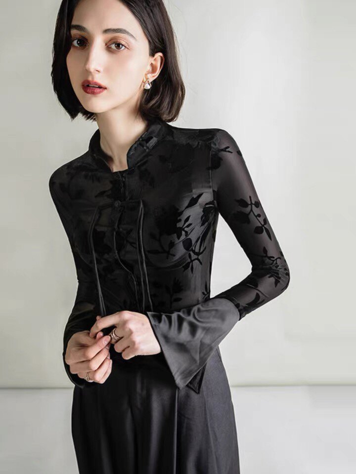 黑色打底衫女内搭新中式印花上衣2026新款秋季设计感国风长袖t恤