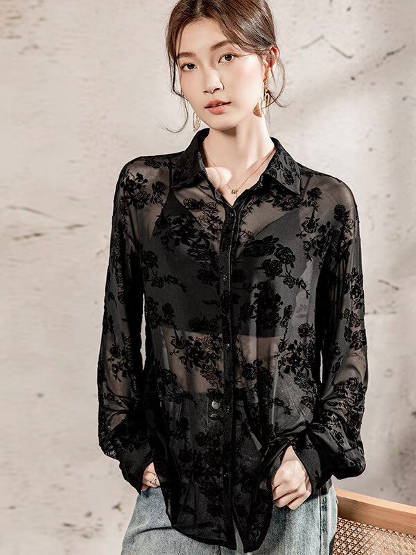 2025春夏季新款黑色植绒网纱衬衫女中长款防晒女装长袖休闲上衣
