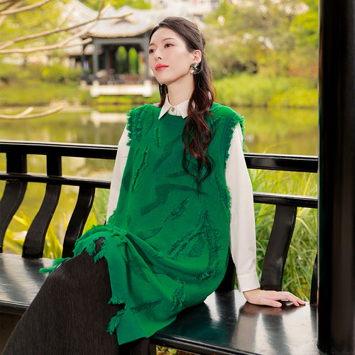 杨丽萍设计针织印花绿色外套