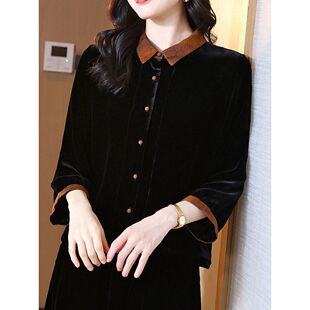 2026秋装新款高端拼接丝绒真丝衬衫女中老年妈妈装显瘦桑蚕丝上衣