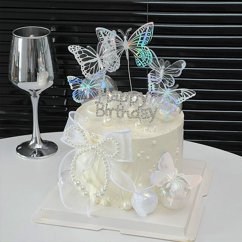 仙女珍珠蝴蝶结摆件钻石HB插件女神生日快乐幻彩蝴蝶装扮蛋糕装饰